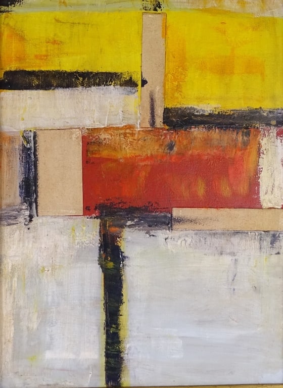 Alfred Leslie (1927-2023) Collage and Oil/Canvas: Alfred Leslie, United States (1927-2023). Collage and oil on canvas "Untitled" abstract painting. Signed on reverse, upper center. Well framed, small hole in canvas lower right, otherwise in good cond