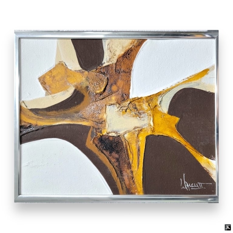 Frank Walcutt (USA 20th) Abstract Oil On Canvas: Frank Walcutt (AMERICAN, 20th Century) abstract oil painting on canvas. Signed to lower right. Titled "Bale Silver Metal" to verso of stretcher. Mounted in a low profile silver tone metal frame. Canva