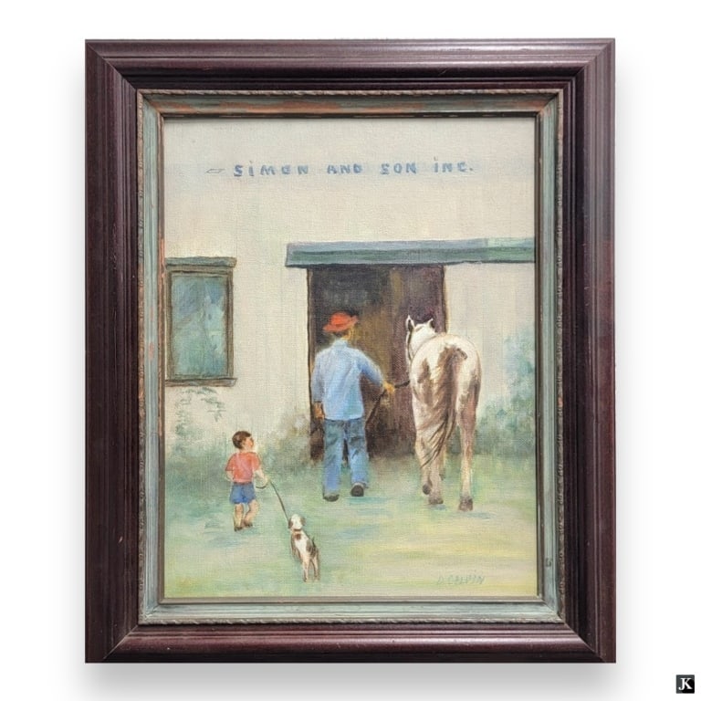 Dain Calvin (USA 20th) Oil Painting Of Farm Scene: Dain Calvin (AMERICAN, 20th Century) oil painting on artist canvas board depicting a farm scene with father and son with horse and dog. "Simon And Son Inc." seen on barn. Mounted in a wooden frame. Bo