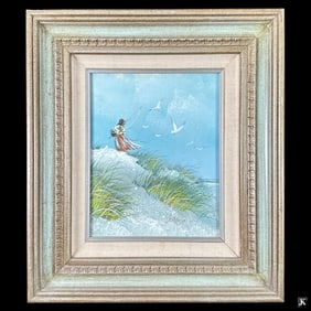 Signed Oil Painting On Canvas Of Woman On Beach