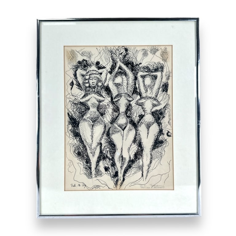 Bertram Hartman (USA 1882-1960) Signed Lithograph: Bertram Hartman (AMERICAN / NEW YORK / KANSAS, 1882 - 1960) lithograph after an ink work depicting the study of three nude females. Hand pencil signed to lower right and ink dated Feb. 18, 1959 to low