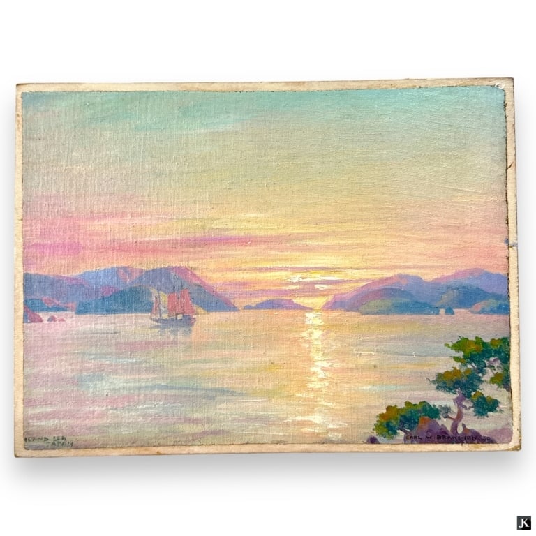 Carl W. Brandien Oil on Canvas "Inland Sea, Japan": Carl W. Brandien, American (1886 - 1965) Oil on canvas laid down on board "Inland Sea, Japan". Signed lower right, titled lower left. Measures 11-3/4" x 15-3/4" overall. In good condition.