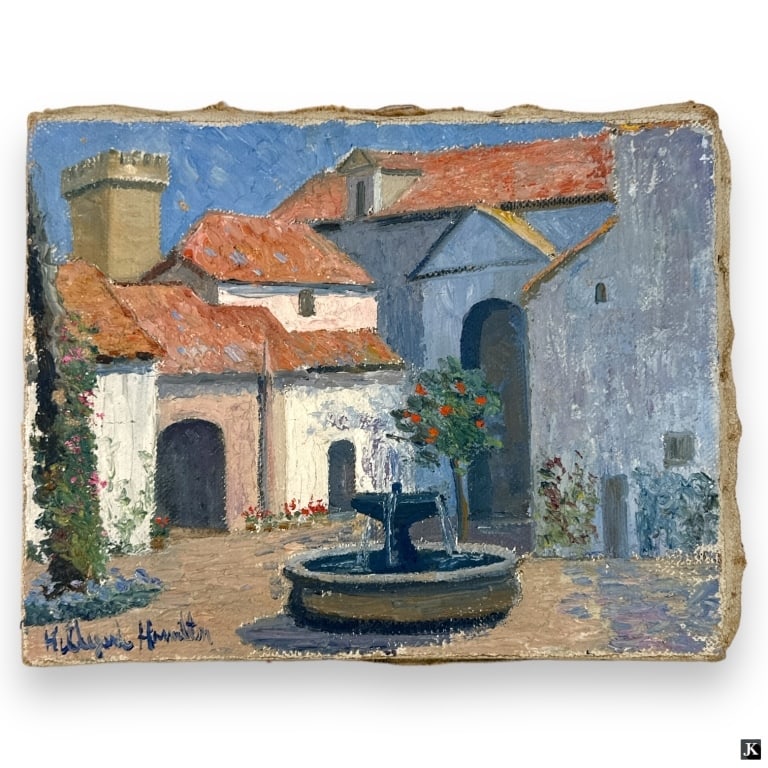 Hildegarde Hamilton (USA 1898-1970) Oil On Canvas: Hildegarde Hume Hamilton (AMERICAN / FLORIDA / VIRGINIA, 1898 - 1970) oil painting on canvas depicting a Santa Clara, Spain townscape scene. Signed to lower left. Unframed. Canvas on stretcher measure