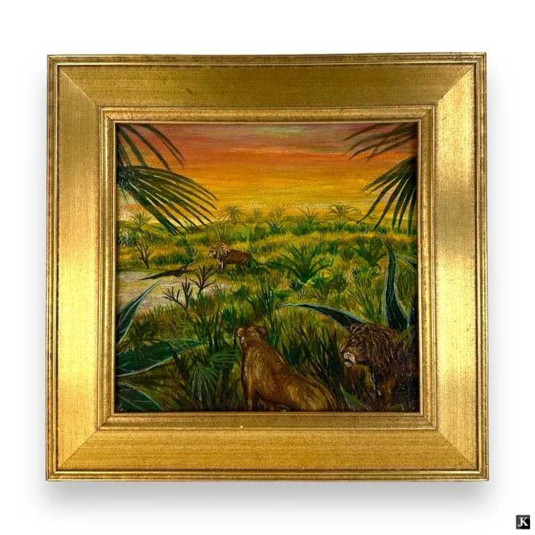 Savannah Landscape Oil Painting On Masonite Board: Oil painting on masonite board depicting a Savannah scene with lions and crocodile. No apparent signature or obscured by frame. Mounted in a gold gilt wooden frame. Board measures approx. 13 1/2" heig