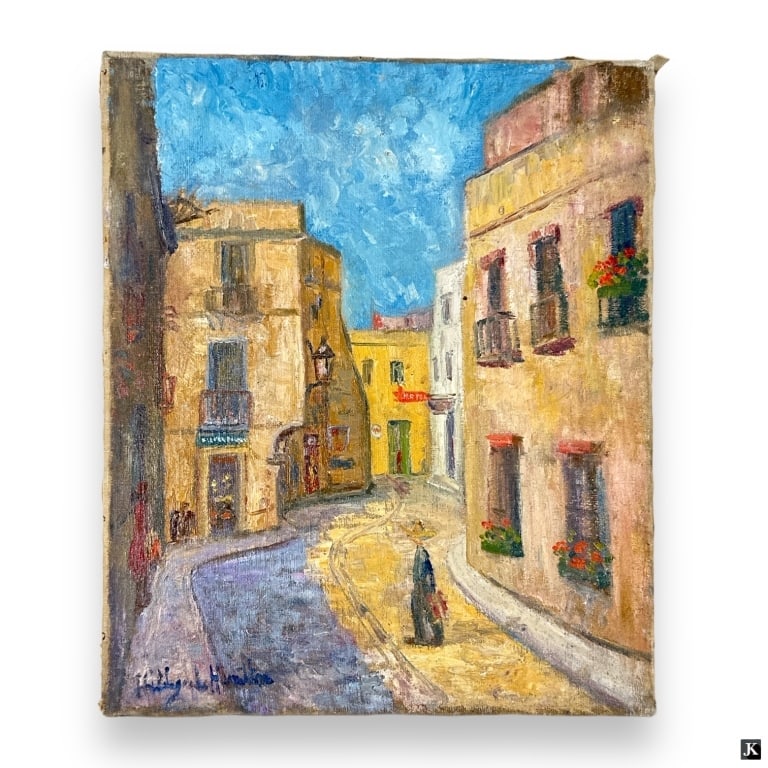 Hildegarde Hamilton (USA 1898-1970) Oil On Canvas: Hildegarde Hume Hamilton (AMERICAN / FLORIDA / VIRGINIA, 1898 - 1970) oil painting on canvas depicting a Casa Blanca, Mexico City townscape scene. Signed to lower left. Unframed. Canvas on stretcher m