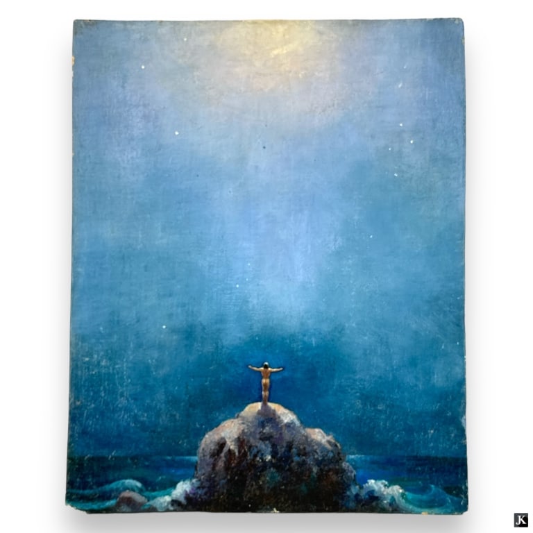 Attr: Carl Brandien Oil/Board "Man on Rock": Carl Brandien, American (1886 - 1965) Oil on Board "Man on Rock". Unsigned. Unframed. Some wear along the edges of board, otherwise in good condition. Measures 20" x 16"