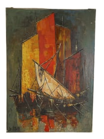 Luc Verger Modernist Oil on Canvas "Boats"