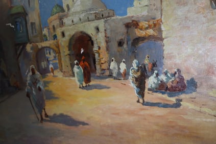 Vintage Orientalist Oil on Canvas "Street Scene"
