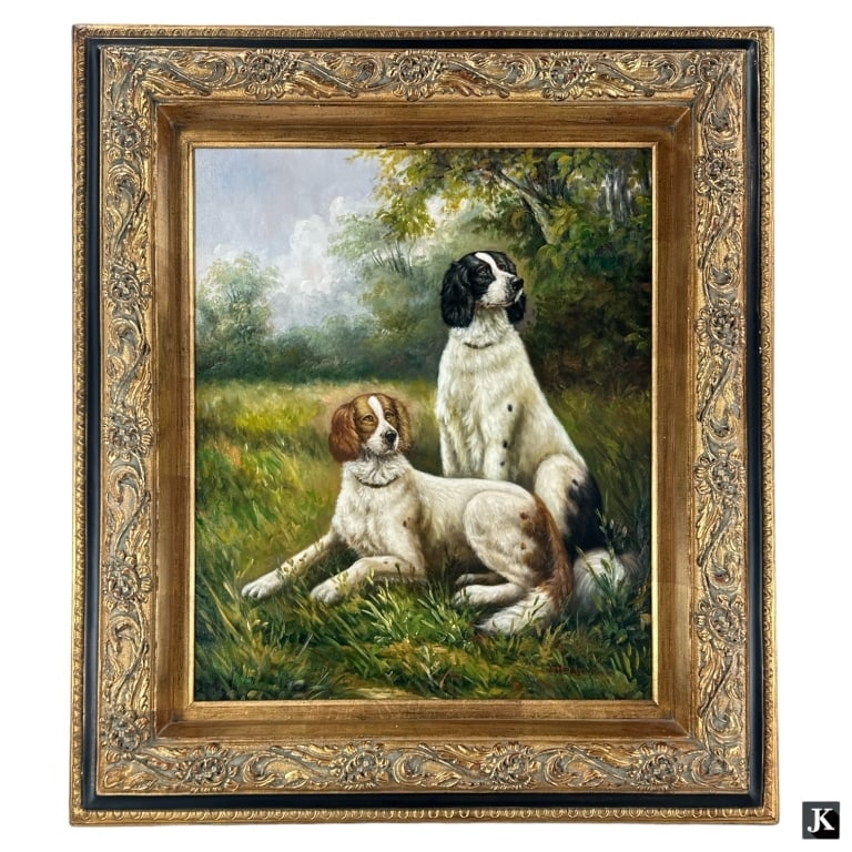 Signed Gleason English Setter Oil On Canvas Framed: Signed Gleason oil painting on canvas depicting English Setter hunting dogs. Signed to lower right. Remnants of certificate of authenticity seen to verso of frame...possibly Brondon or Timeless Treasu