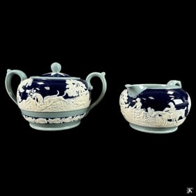 Copeland Spode Cobalt Fox Hunt Suger & Creamer
