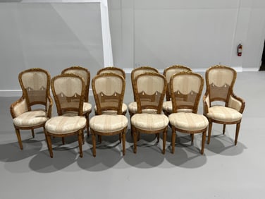(10) Ten French Carved Fabric & Wicker Chairs