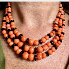 18K Yellow Gold Coral, Onyx, and Diamond Necklace