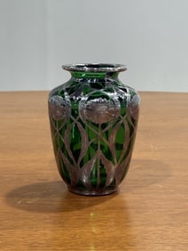 An Antique Green Art Glass Silver Overlay Vase