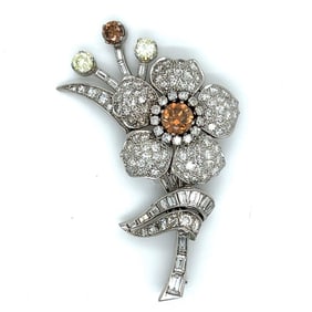 Art Deco Platinum Natural Color Diamond Flower Bro