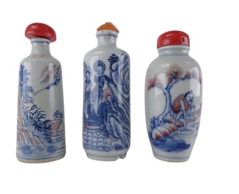 Three Antique Chinese Blue & White Snuff Bottles