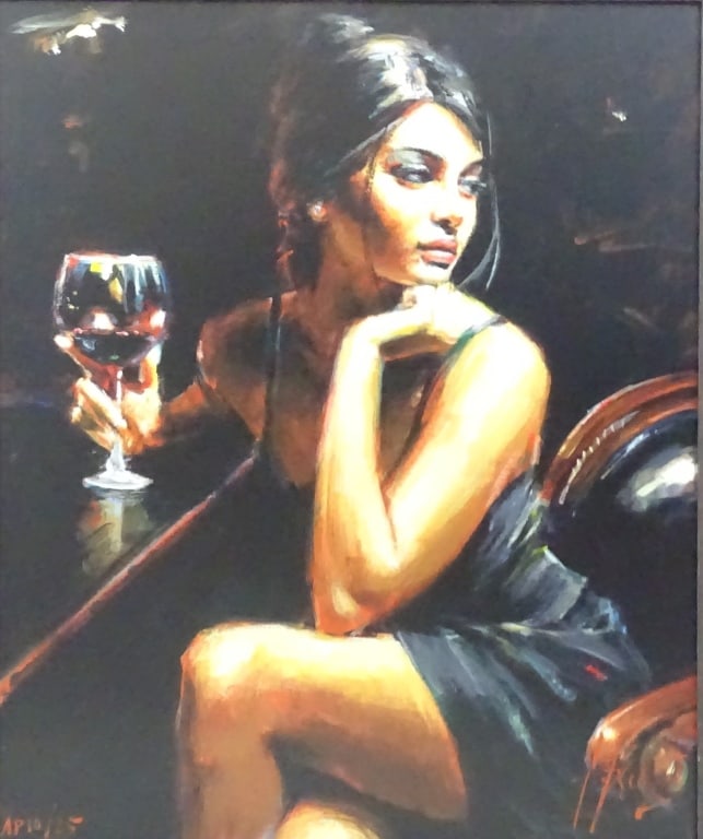 Fabian Perez Giclee/Canvas Numbered 10/25: Fabian Perez, Argentina (1967-) Giclee/Canvas "Saba with a Glass of Red Wine". Signed lower right, numbered lower left. Well framed and in good condition. Measures 30" x 25" Frame measures 34 1/2" x 2
