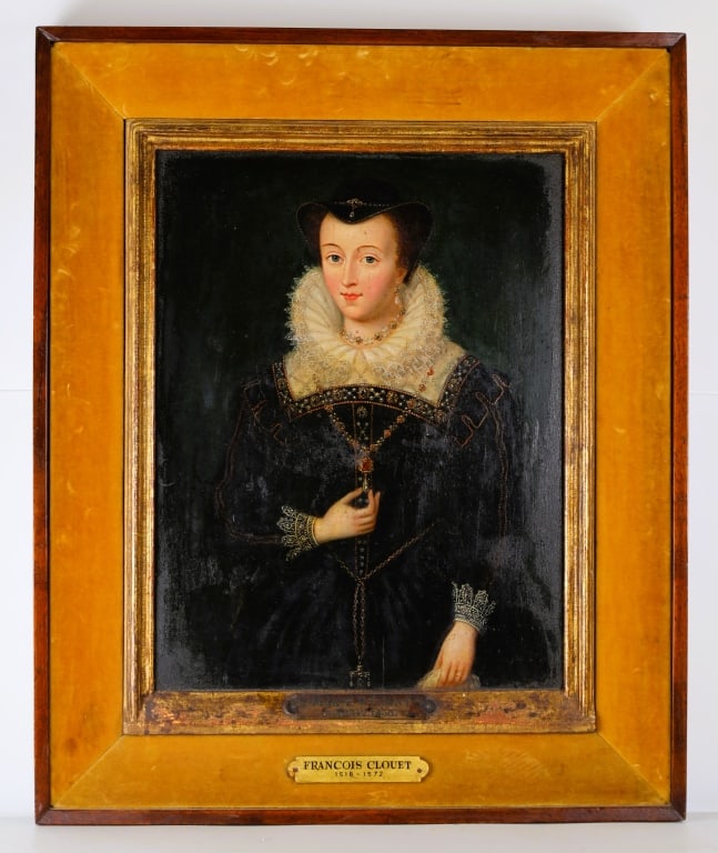 Francois Clouet Oil/Panel Portrait of Marie Stuart: Attribitued to: Francois Clouet, French (c.1510 - 1572) Oil on Panel "Portrait of Marie Stuart". Finely rendered oil on panel portrait attributed to François Clouet, court painter to the French royal