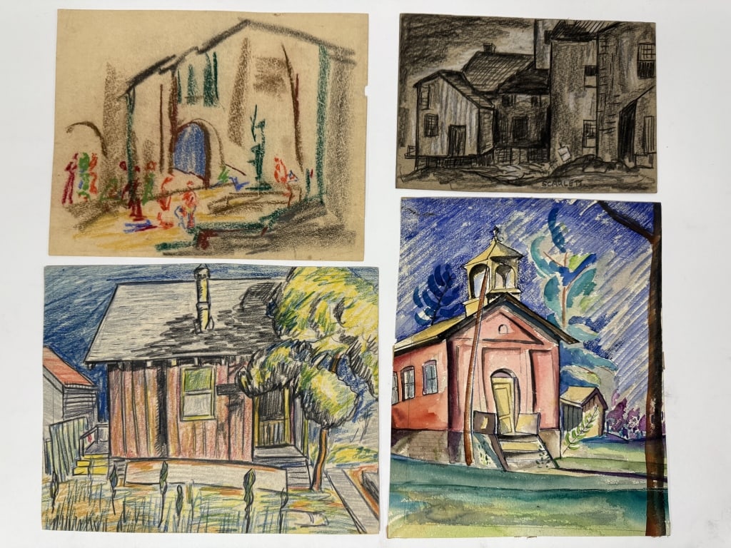 Lot Rolph Scarlett (1889-1984) Drawings/Paper: Lot of 4 Rolph Scarlett, Canada (1889-1984) drawings on paper depicting buildings. 1 signed lower right, all unframed. Minor wear along the edges of the works, otherwise all in good condition. Largest