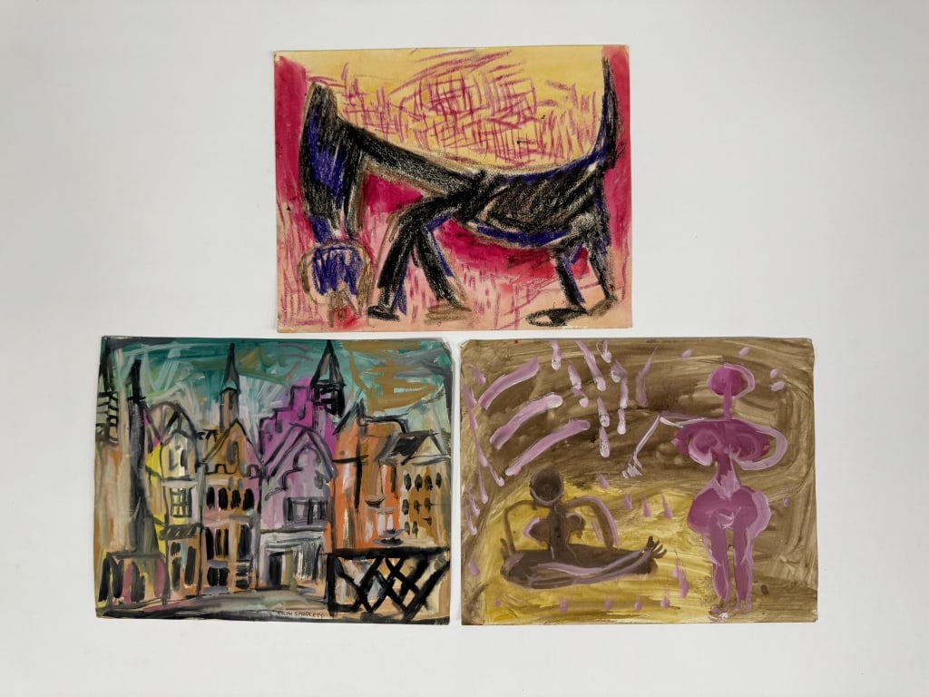 Lot Rolph Scarlett (1889-1984) Mixed Media/Paper: Lot of 3 Rolph Scarlett, Canada (1889-1984) mixed media works on paper, depicting abstract figures and cityscape. One unsigned lower center. Wear along the edges of the works, otherwise in good condit