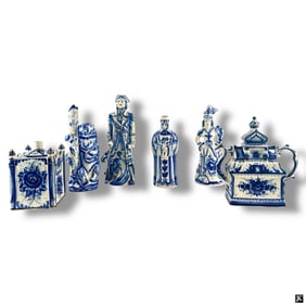 6 Russian Gzhel Blue & White Porcelain Decanters