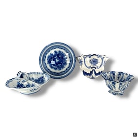 4 Russian Gzhel Blue & White Porcelain Tablewares