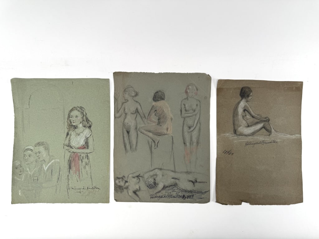 Lot Hildegarde Hamilton (1898-1970) Drawing/Paper: Lot of 3 Hildegarde Hume Hamilton, American (1898-1970) drawings on paper depicting nude women and people. 2 signed lower right, 1 signed center. One of the works has 3 portraits drawn verso. Wear alo