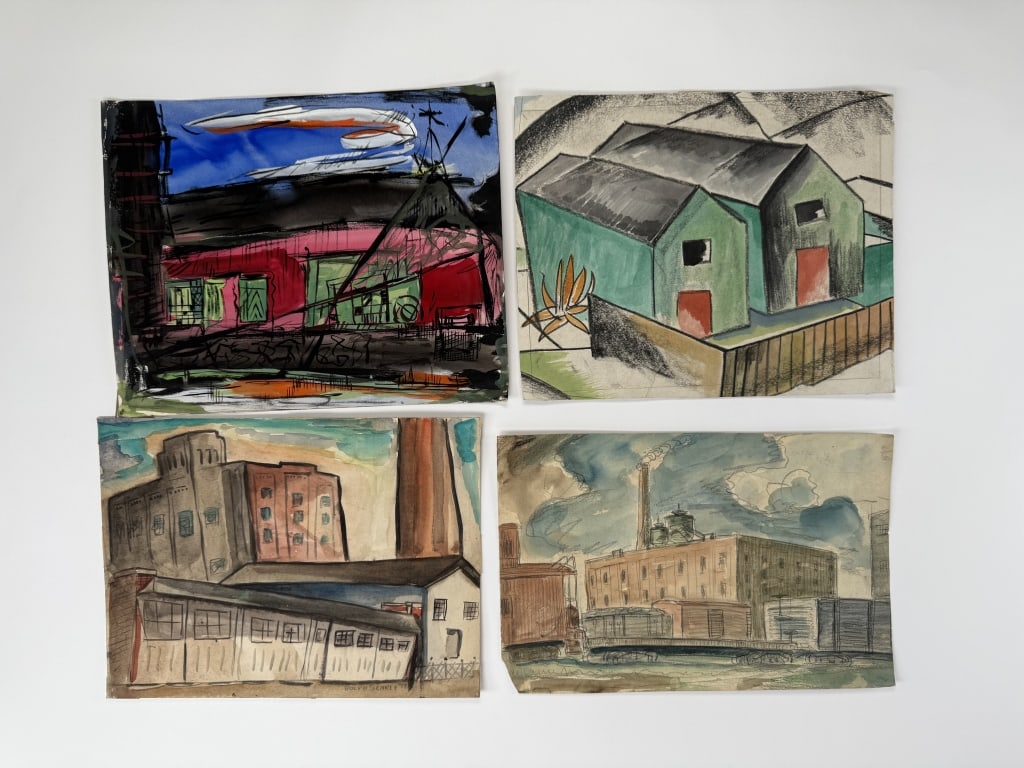 Lot Rolph Scarlett (1889-1984) Drawing/Paint/Paper: Rolph Scarlett, Canada (1889-1984) lot of 3 drawings and paintings on paper, and one on board. One signed lower right, all unframed. Minor wear on edges, otherwise all in good condition. Largest measu