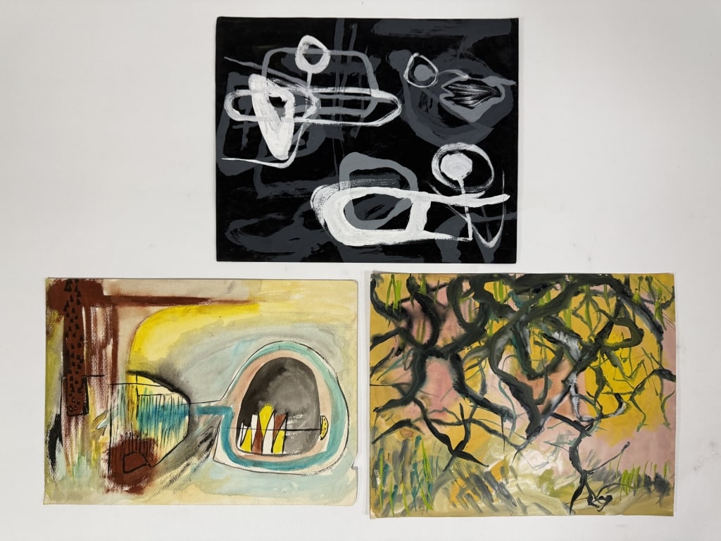 Lot Rolph Scarlett (1889-1984) Mixed Media/Paper: Lot of 3 Rolph Scarlett, Canada (1889-1984) abstract mixed media on paper paintings. All unsigned and unframed. Wear along the edges of the works, otherwise in good condition. Largest work measures 10