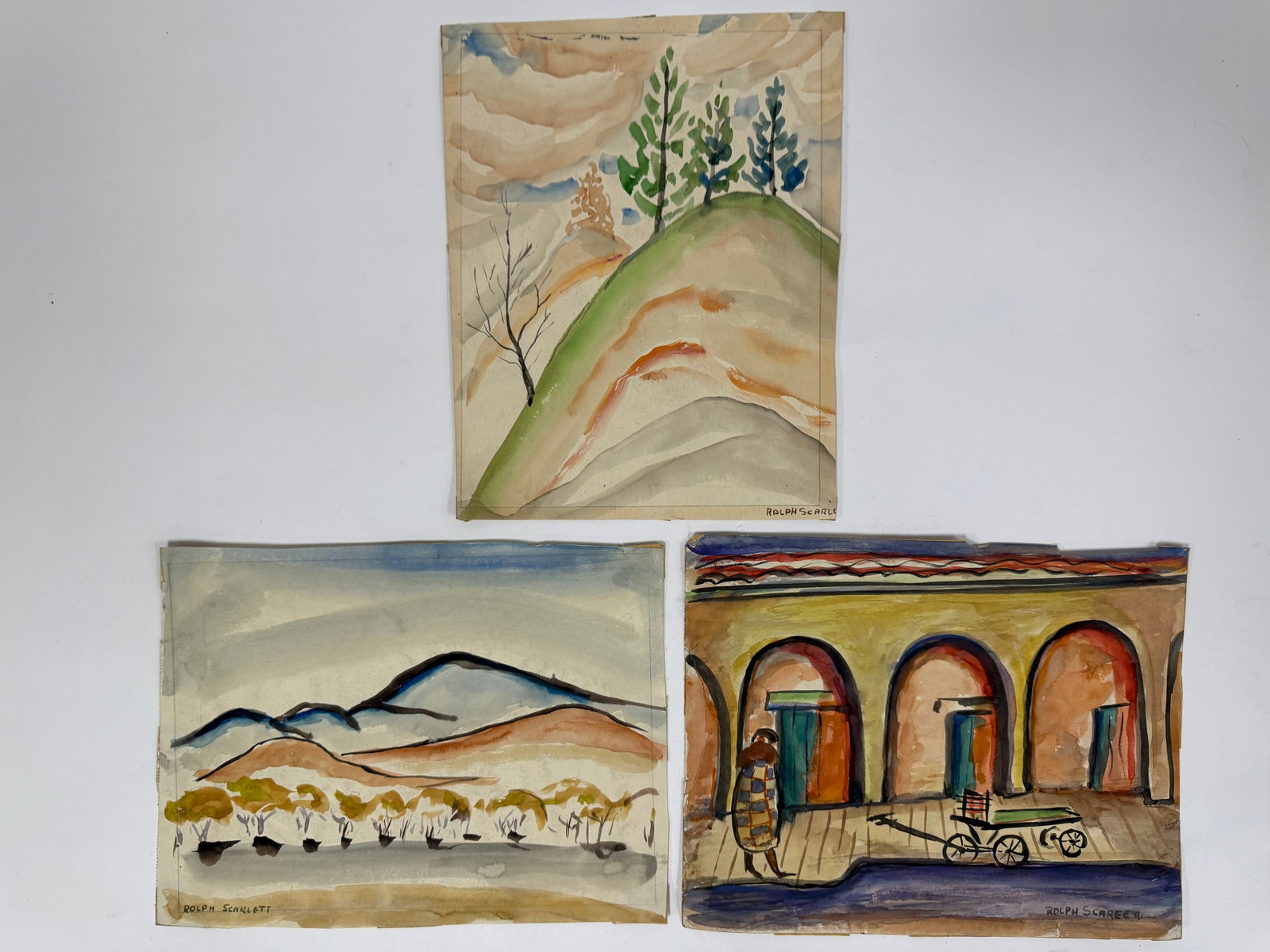 Lot Rolph Scarlett (1889-1984) Watercolor/Paper: Lot of 3 Rolph Scarlett, Canada (1889-1984) watercolor on paper paintings. 2 signed lower right, 1 signed lower left, all unframed. Wear along the edges of the works, otherwise in good condition. Larg