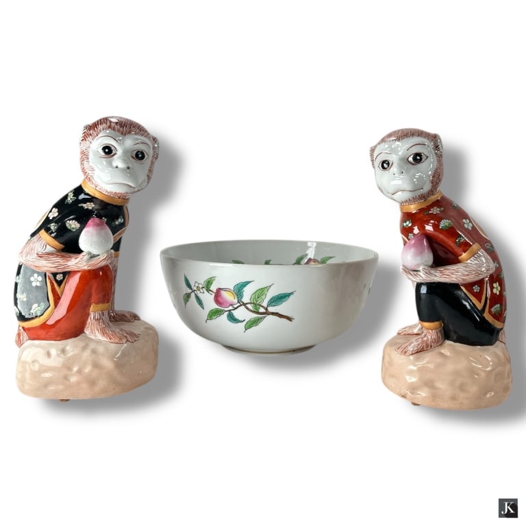 2 Vintage Adrea by Sadek Peach Monkeys and Bowl: 2 Vintage Adrea by Sadek Peach Monkey Figurines and a hand painted bowl decorated with peaches. The monkeys with original labels, the bowl is unmarked. All in good condition. The monkeys Measures 11"