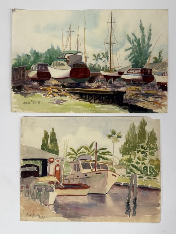 Pair Alvin Meyer (1892-1976) Watercolor/Paper: Pair of Alvin Meyer, United States (1892-1976) watercolor paintings on paper. Both unframed and signed lower left, wtih "Miami" written verso. Minor wear along the edges of the works, otherwise in goo
