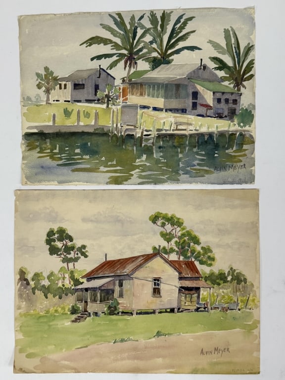 Pair Alvin Meyer (1892-1976) Watercolor/Paper: Pair of Alvin Meyer, United States (1892-1976) watercolor on paper paintings. Both unframed and signed lower right, one painting has "Ft Myers" written verso. Both works have minor wear along the edge