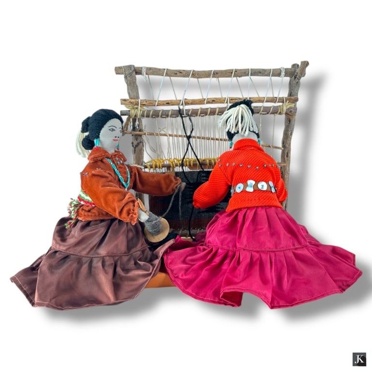Vintage Navajo Kachina "2 Women Weaving": Vintage Hand Crafted Navajo Kachina "2 Women Weaving". Unsigned. Good condition consistent with age. Measures 13-1/2" H x 15-1/2" L x 8" D. LA/B13/SH:12A