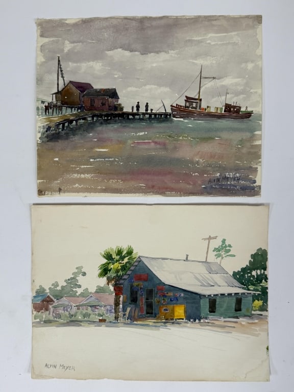 Pair Alvin Meyer (1892-1976) Watercolor/Paper: Pair of Alvin Meyer, United States (1892-1976) watercolor on paper paintings. 1 signed lower left, the other lower right and both unframed. 1 work seems to be unfinished. Minor wear along the edges of