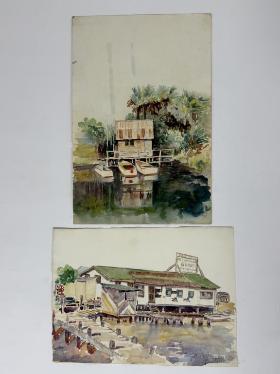 Pair Alvin Meyer (1892-1976) Watercolor/Paper: Pair of Alvin Meyer, American (1892-1976) watercolor on paper paintings depicting buildings on the water. One signed lower left, other signed lower right. Both works have minor wear along the edges, o