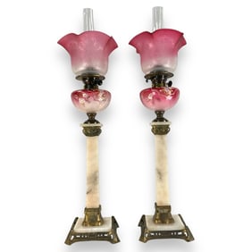 Pr. Art Deco Duplex French Alabaster & Glass Lamps