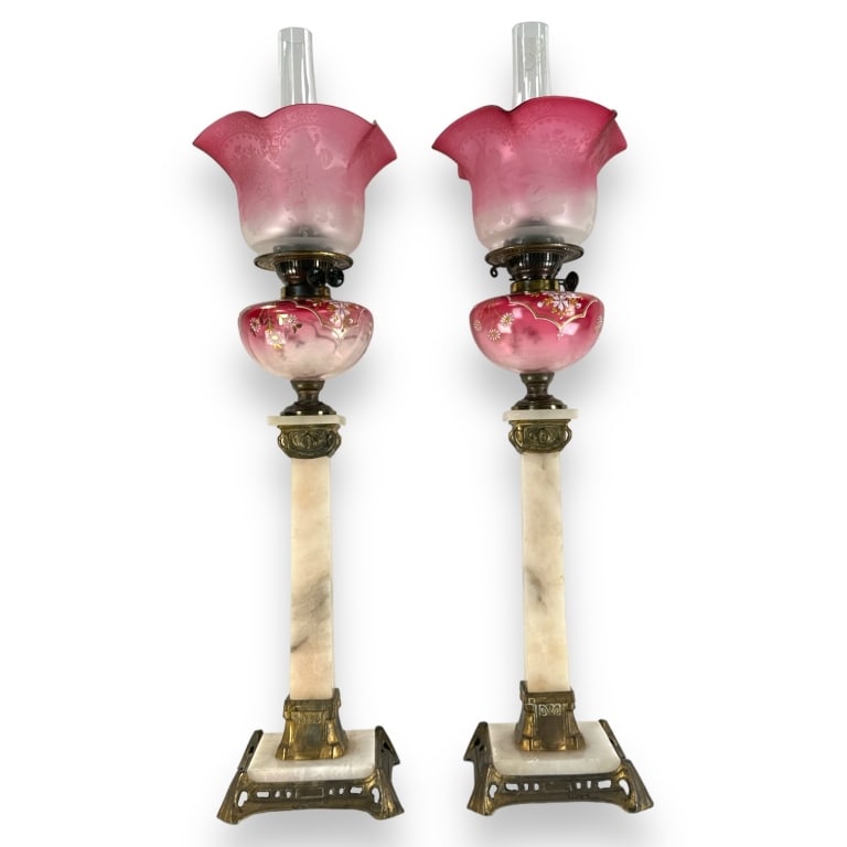 Pr. Art Deco Duplex French Alabaster & Glass Lamps (1 of 3)