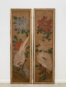 Pair Antique Korean Hand Painted Panel Screens