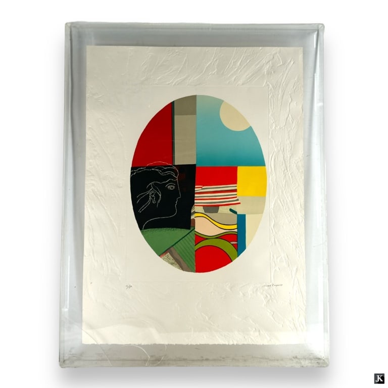 Max Papart (FRANCE 1911-1994) Signed Lithograph: Max Papart (FRENCH, 1911 - 1994) limited edition color lithograph on embossed paper depicting a face. Hand pencil signed to lower right and numbered 13/150 to lower left. Set in a clear acrylic shadow