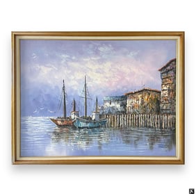 Signed Davis Large Harbor Scene Oil On Canvas
