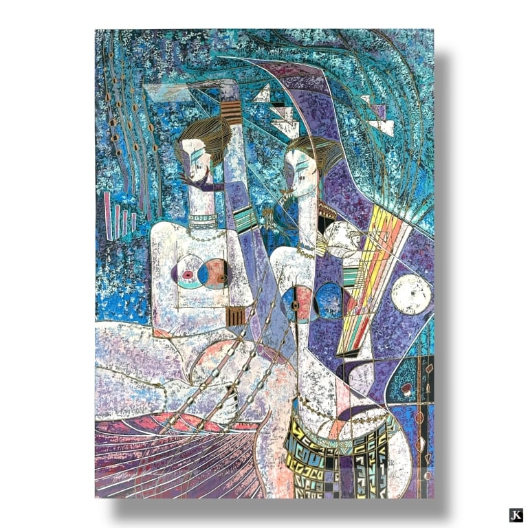 Adrian Wong Shue Lithograph "Lot's Daughters: Adrian Wong Shue, Jamican/Chinese (20th C) Color lithograph "Lot's Daughters". Signed and numbered 142/300. Matted and under glass screen. Good condition. Measures 54" x 42". Keywords: figurative symb