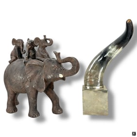 Large Mounted Animal Horn, Elephant Figure