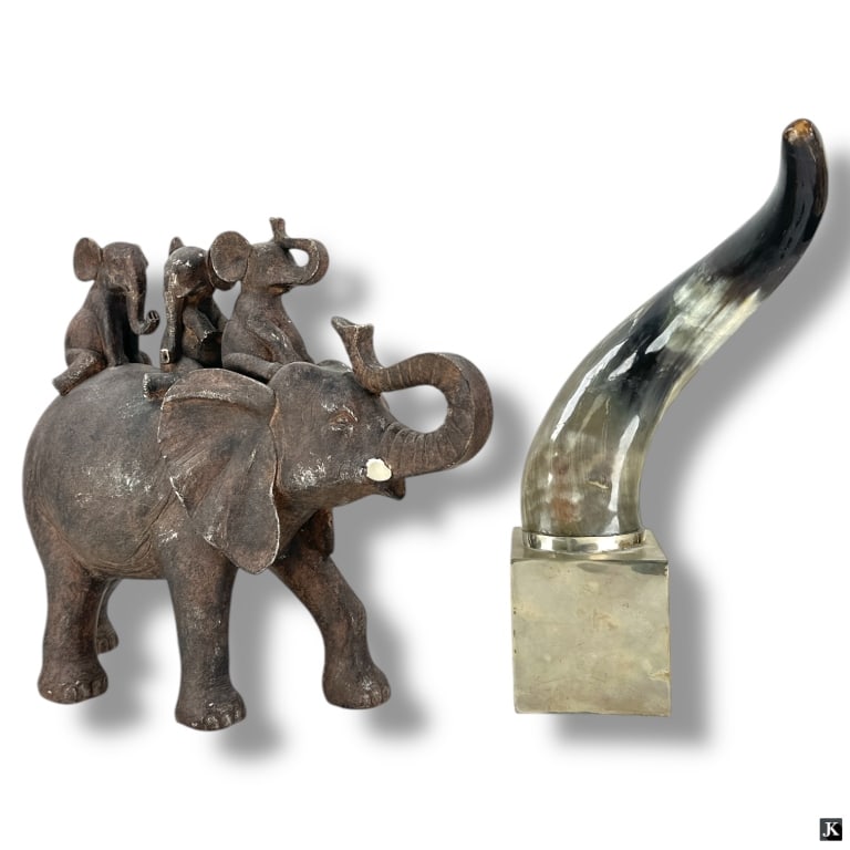 Large Mounted Animal Horn, Elephant Figure: Large Mounted Animal Horn, Resin Elephant Figure. Unsigned. Horn measures 14" H including base. The elephant figure is unsigned, has wear and losses to tusks, measures 13" H x 16" L. Keywords: safari