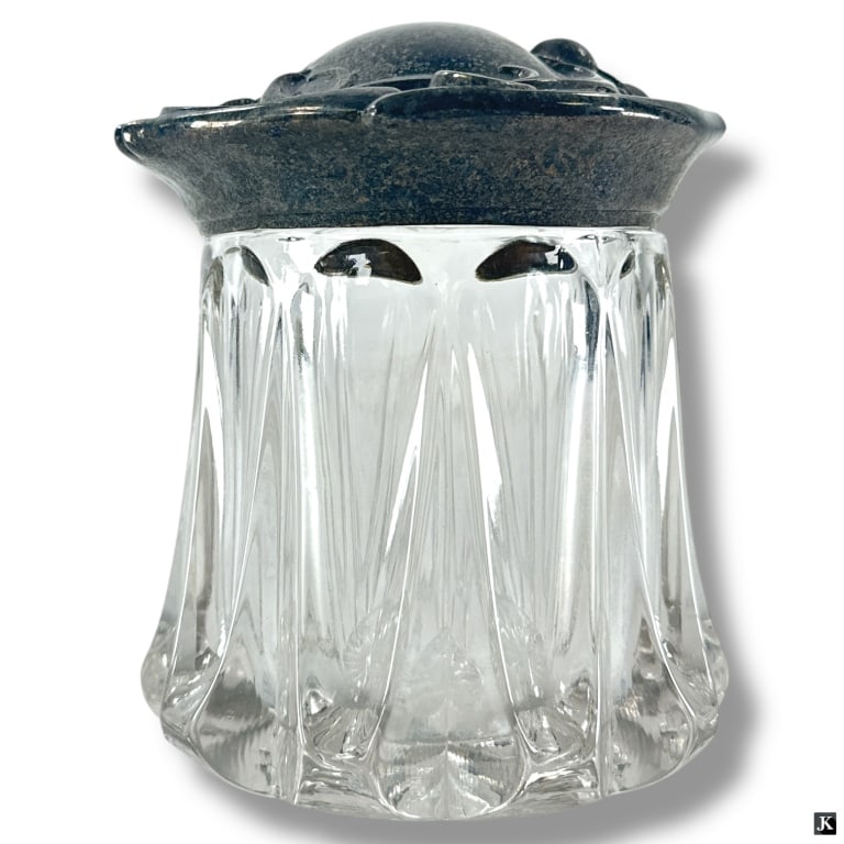Art Nouveau Glass Tobacco Jar: Art Nouveau Glass Tobacco Jar/Humidor. Silver plate lid. Unmarked. Some fog in glass, lid in need of polishing, condition consistent with age and use. Measures 6-1/2" H. Keywords: Art Nouveau decor, s