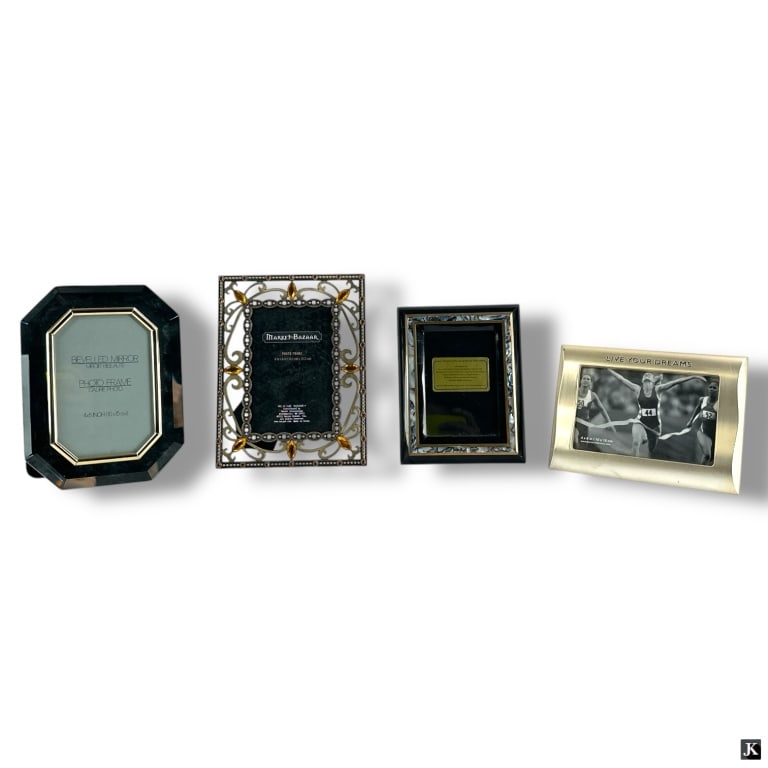 Group of 4 Decorative Picture Frames: Group of 4 Decorative Picture Frames. Includes: Live Your Dreams 4 x 6, Beveled Glass 4 x 6, Inlaid abalone 3-1/2 x 5 Jeweled 4 x 6. all in good overall condition. Keywords: home decor, tabletop frame