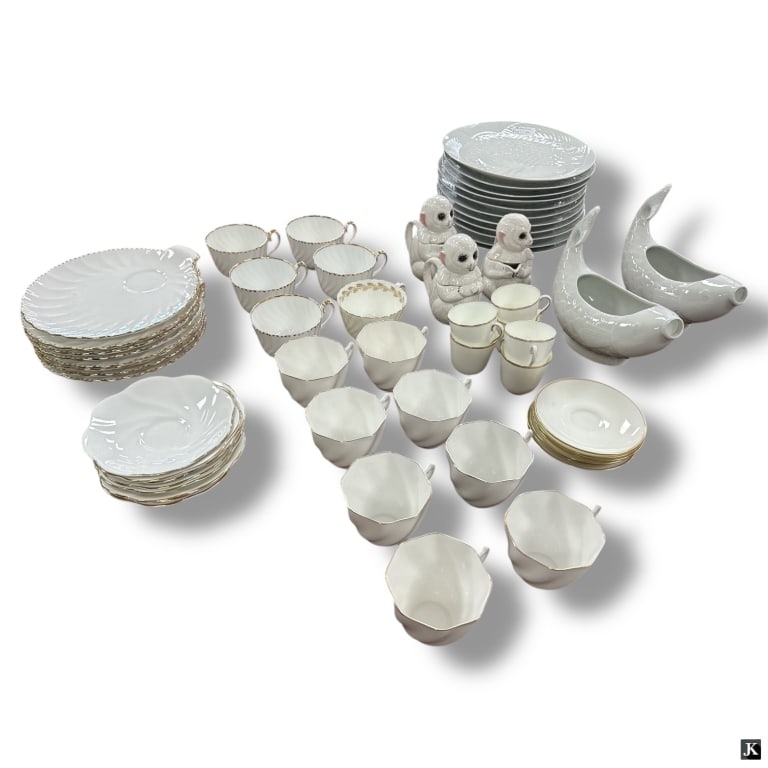 Vintage White Porcelain Dinnerware Dansk, Cauldon: Lot of 55 pieces Assembled Vintage White Porcelain Dinnerware. Includes: 8 Gladstone 8" luncheon plates with 5 matching cups and 1 similar; 8 Bone china 2 piece cup and saucer sets; 6 Cauldon 2 piece