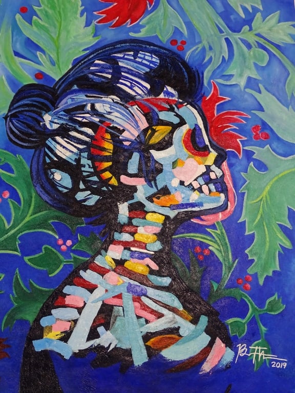 Bradley Theodore Acrylic on Canvas Skeleton Lady: Bradley Theodore (American b. 1978) Acrylic on Unstretched Canvas "Skeleton Lady". Signed and dated 2019 lower right. Good condition. Image measures 47" x 36-1/2". 4A