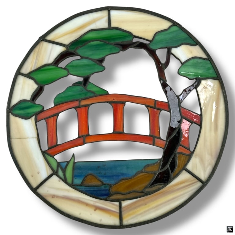 Vintage Stained Glass Window Hanging "Bridge": Vintage Stained Glass Window Hanging "Bridge". Unsigned. A couple of mall breaks in glass. Measures 12-1/2" diameter. LA/B13/SH:5A