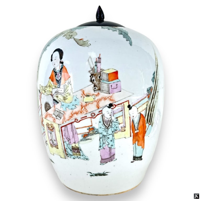 Antique Chinese Famille Rose Porcelain Ginger Jar: Antique Chinese hand painted Famille Rose porcelain ginger jar vase depicting maidens with attendant in courtyard scene. Verso with black calligraphy poem. Bottom with red kiln mark. Completed with wo