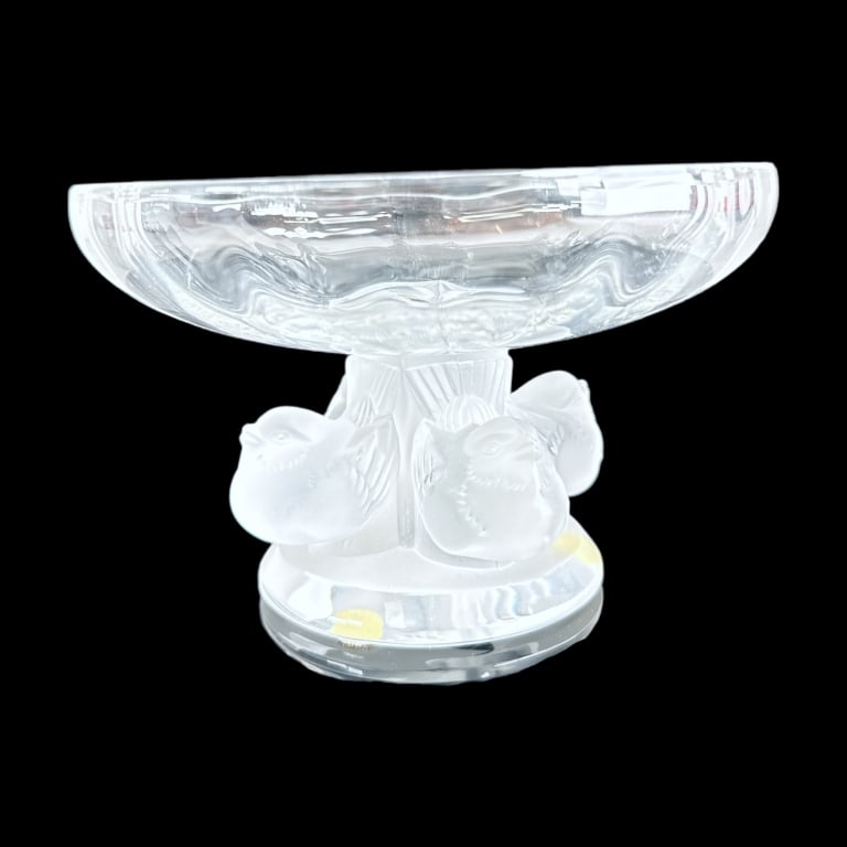 Lalique France "Nogent" Coupe No. 11051: Lalique France "Nogent" Coupe No. 11051 Clear and frosted crystal with four birds, original fitted box and pamphlet. approx 3.25"h, 5.5"diam, 1.25lbs. EF/B13/SH6A